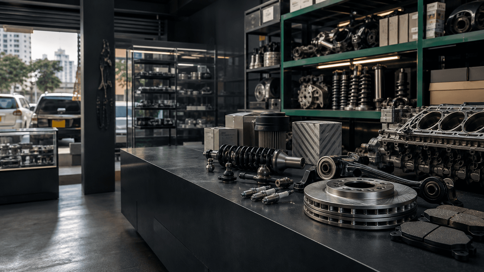 Representative premium automotive spare parts counter with organised stock shelves